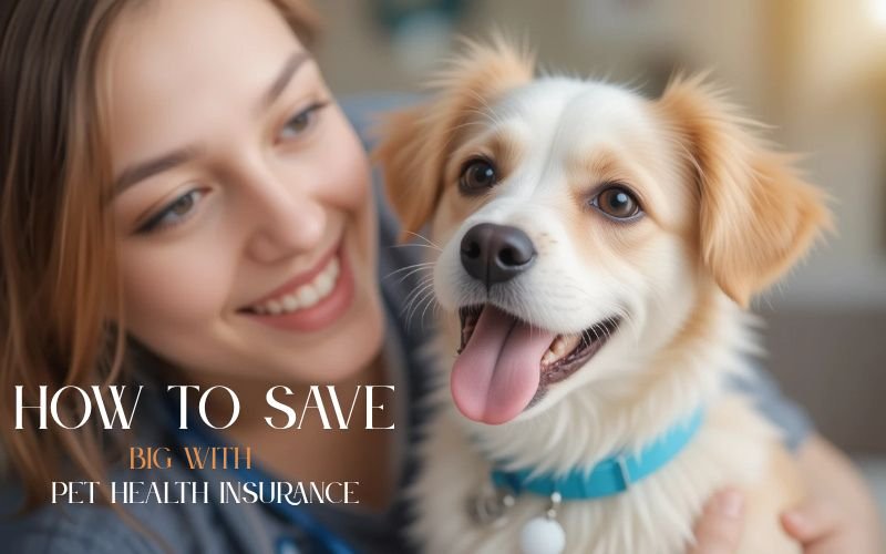 Smiling woman cuddling a happy dog with text about saving money through Pet Health Insurance.