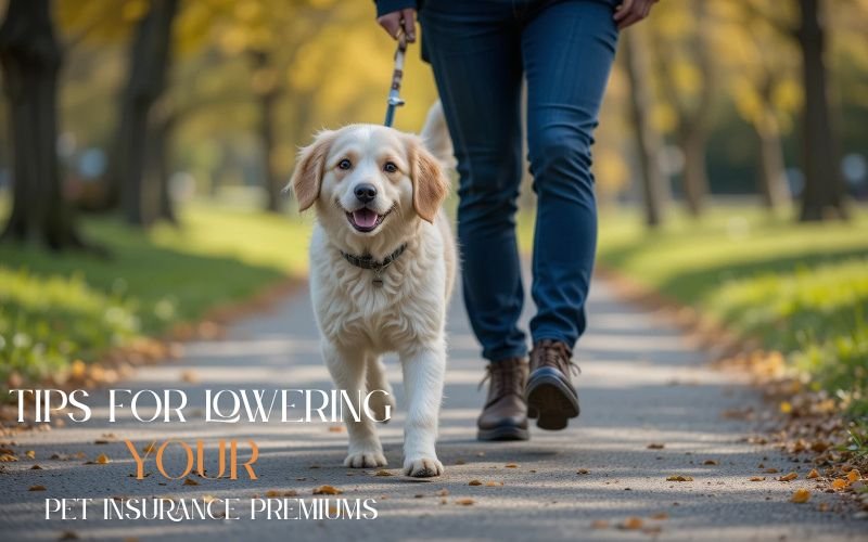 Happy dog walking on a park path with owner, with text offering tips for lowering Pet Health Insurance premiums.